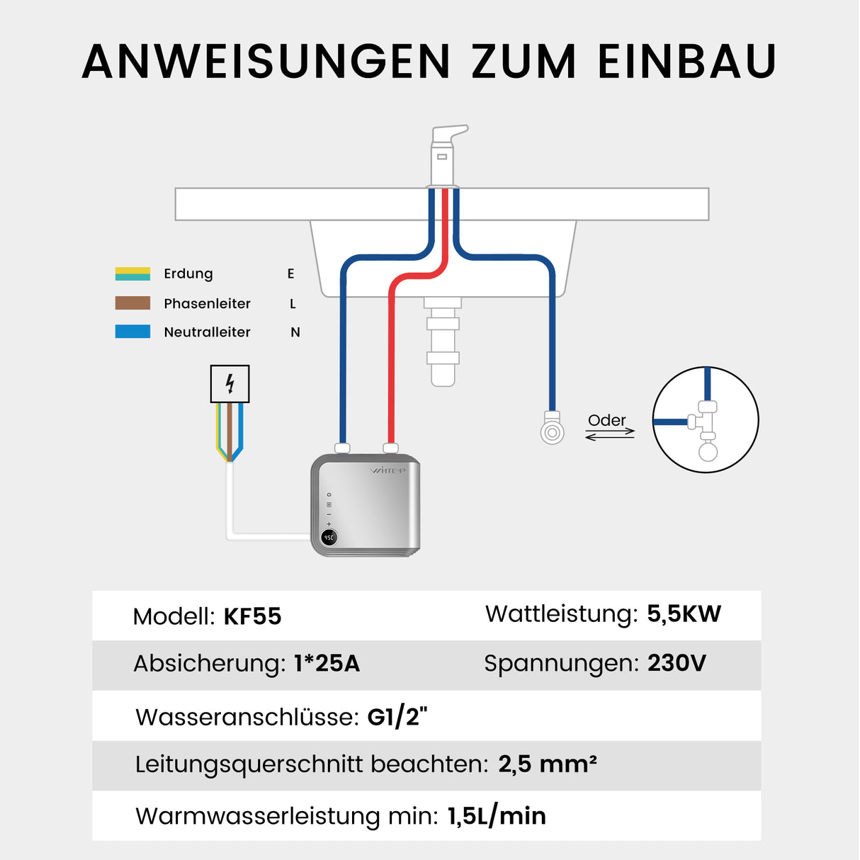 Chauffe-eau électrique instantané au point d'utilisation KFU65 blanc 240 V/6,5 kW